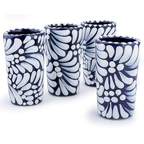 MEXTEQUIL - Talavera Shot Glasses Set of 4 Authentic Mexican Tequila Shot Glasses - Hand-painted - 2 Oz (White & Sea Blue) - MEXTEQUIL