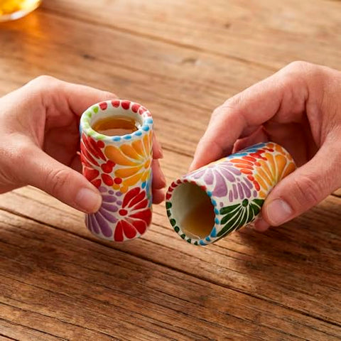 MEXTEQUIL - Talavera Shot Glasses Set of 4 Authentic Mexican Tequila Shot Glasses - Hand-painted - 2 Oz (Multi Petal) - MEXTEQUIL
