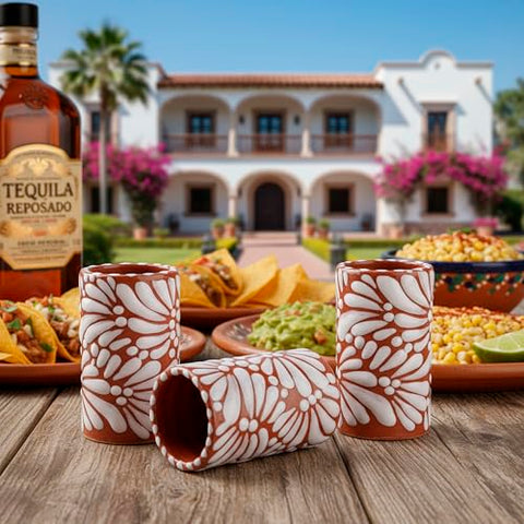 Hand-Painted Talavera Tequila Shot Glasses – White Brushstroke Terracotta | Set of 4 - MEXTEQUIL