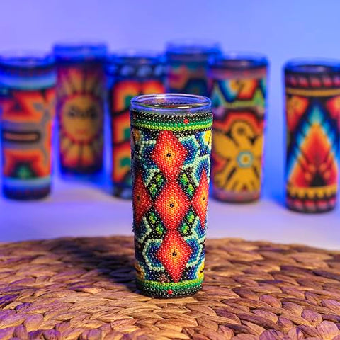 Huichol Wixárika Beaded Tequila Shot Glass – Chaquira Folk Art - MEXTEQUIL