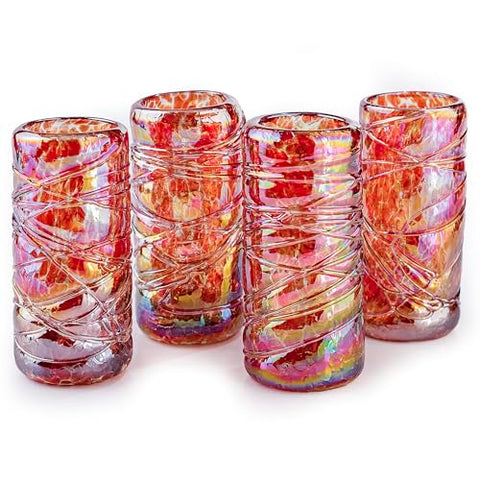 MEXTEQUIL Specialty Mexican Tequila Glasses, Hand-Blown with Unique Color & Texture Set of 4 pieces (Red Diamond) - MEXTEQUIL
