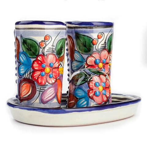 MEXTEQUIL Talavera Tequila Shot Glasses with Tray & Salt Shaker (Set of 2) - Hand-Painted Authentic Mexican Gift Set (Puebla) - MEXTEQUIL