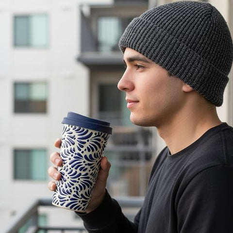 Handcrafted Talavera Ceramic Travel Mug with Silicone Lid – 16 oz | MEXTEQUIL - MEXTEQUIL