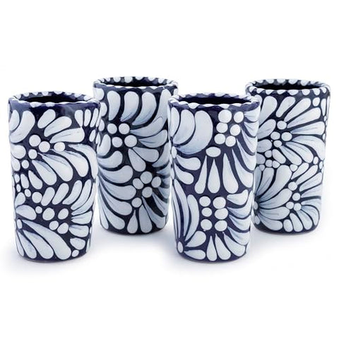 MEXTEQUIL - Talavera Shot Glasses Set of 4 Authentic Mexican Tequila Shot Glasses - Hand-painted - 2 Oz (White & Sea Blue) - MEXTEQUIL