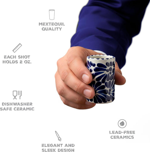 Talavera Mexican Hand-Painted Ceramic Shot Glasses Set of 4-2 Oz Brushstroke Design (Blue Brushstroke White Background)