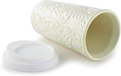 Handcrafted Talavera Ceramic Travel Mug with Silicone Lid, 16 oz, 6.5 Inch Tall, Mexican Embossed Pottery Coffee Tumbler – Artisan Texture & Relief Design (Desert Cream)