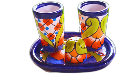 Talavera Tequila Shot Glasses with Tray & Salt Shaker (Set of 2) - Hand-Painted Authentic Mexican Gift Set (Puebla)