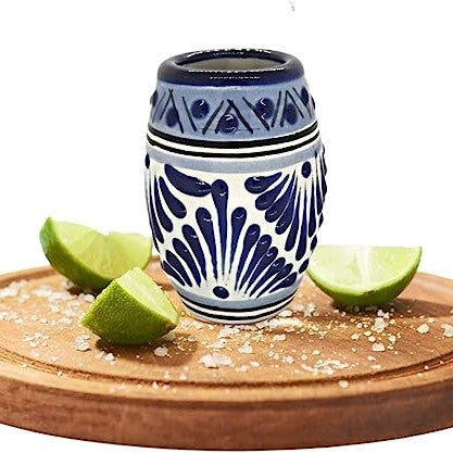 Talavera Shot Glasses - Set of 4 - 2 Oz (Blue Barrel) - MEXTEQUIL: MEXICRAFT IMPORTS LLC