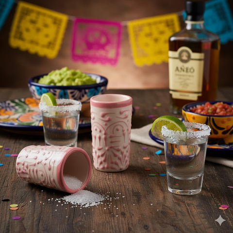 Authentic Hand-Painted Mexican Talavera Tequila Shot Glasses Set, Pink Lace
