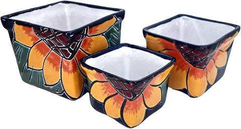 Authentic Talavera Hand-Painted Mexican Ceramic Sunflower Pots Set of 3
