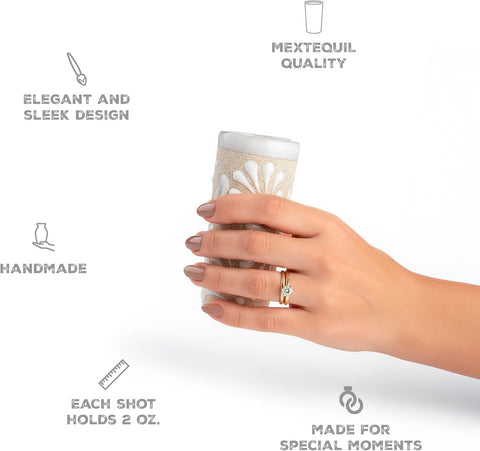 Handcrafted Ceramic Shot Glasses, White Floral Pattern, Terracotta Interior, Set of 4, Traditional Mexican Design (White Floral Pattern)