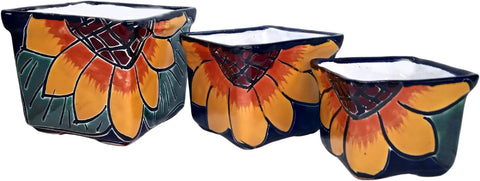 Authentic Talavera Hand-Painted Mexican Ceramic Sunflower Pots Set of 3