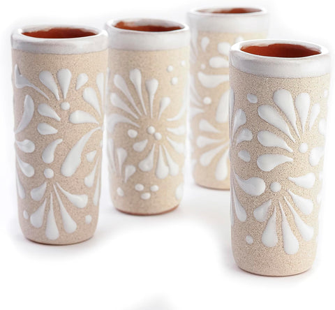Handcrafted Mexican Ceramic Shot Glasses Set of 4, Floral Terracotta Interior