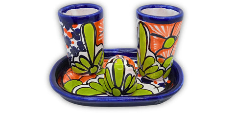 Talavera Tequila Shot Glasses with Tray & Salt Shaker (Set of 2) - Hand-Painted Authentic Mexican Gift Set (Puebla)
