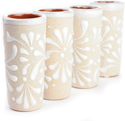 Handcrafted Mexican Ceramic Shot Glasses Set of 4, Floral Terracotta Interior