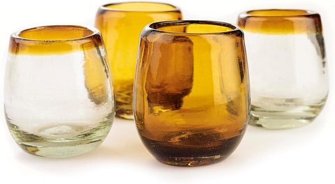 Mexican Barrel Shot Glasses, Hand Blown Tequila Set, Unique Barrel-Shaped Glasses (Amber)
