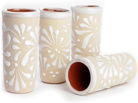 Handcrafted Mexican Ceramic Shot Glasses Set of 4, Floral Terracotta Interior