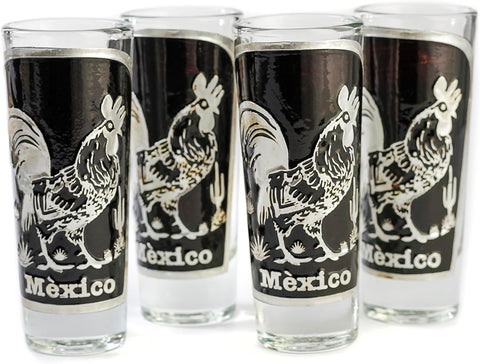 Handcrafted Mexican Rooster Repousse Shot Glass Set (4 pc) for Tequila & Mezcal