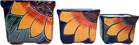 Authentic Talavera Hand-Painted Mexican Ceramic Sunflower Pots Set of 3