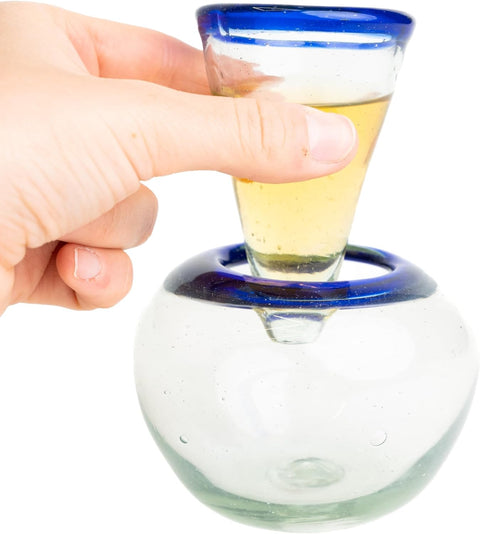Self-Chilling Tequila Shot Glasses with Built-in Ice Bowl | Hand-Blown Mexican Glassware with Cobalt Blue Rim | 2 oz Lead-Free | Unique Bar Gift for Tequila & Mezcal Lovers