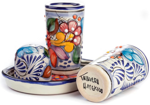 Talavera Tequila Shot Glasses with Tray & Salt Shaker (Set of 2) - Hand-Painted Authentic Mexican Gift Set (Puebla)
