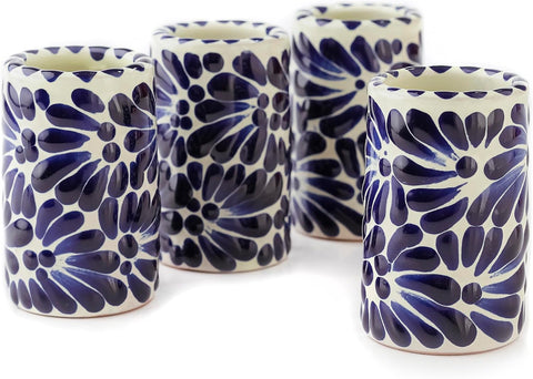 Talavera Mexican Hand-Painted Ceramic Shot Glasses Set of 4-2 Oz Brushstroke Design (Blue Brushstroke White Background)