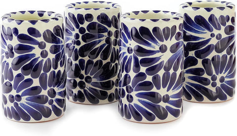 Talavera Mexican Hand-Painted Ceramic Shot Glasses Set of 4-2 Oz Brushstroke Design (Blue Brushstroke White Background)