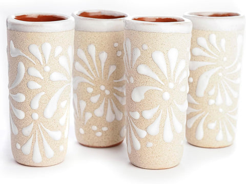 Handcrafted Ceramic Shot Glasses, White Floral Pattern, Terracotta Interior, Set of 4, Traditional Mexican Design (White Floral Pattern)