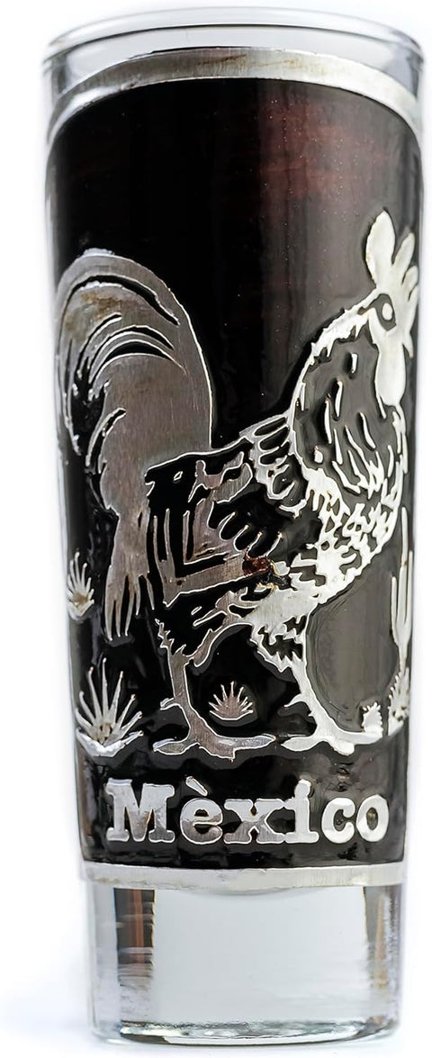 Handcrafted Mexican Rooster Repousse Shot Glass Set (4 pc) for Tequila & Mezcal