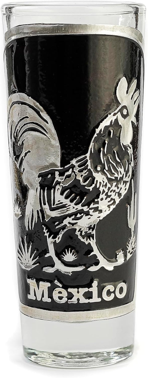Handcrafted Mexican Rooster Repousse Shot Glass Set (4 pc) for Tequila & Mezcal