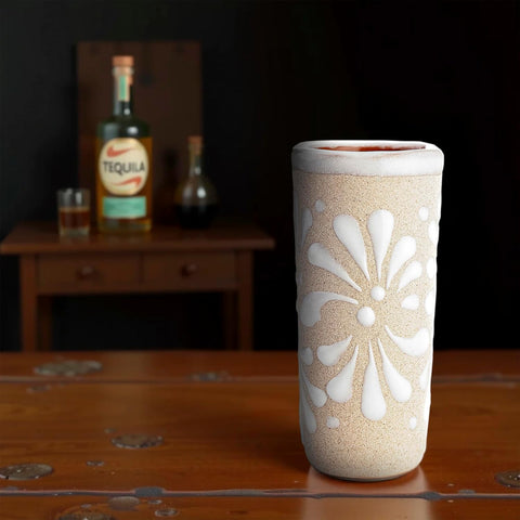 Handcrafted Mexican Ceramic Shot Glasses Set of 4, Floral Terracotta Interior