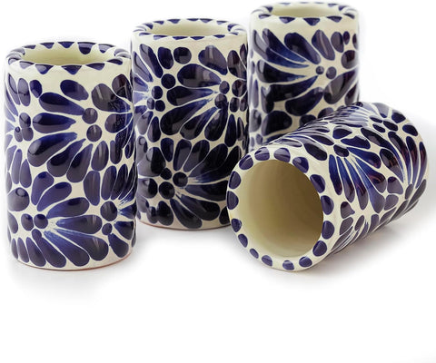Talavera Mexican Hand-Painted Ceramic Shot Glasses Set of 4-2 Oz Brushstroke Design (Blue Brushstroke White Background)