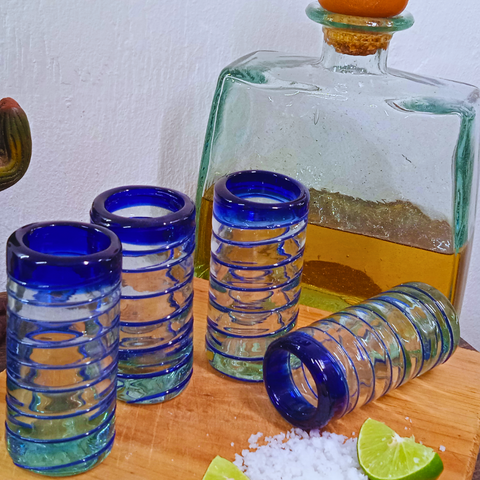 Hand Blown Shot Glasses - Set of 4 - 2 Oz (Cobalt Blue Spiral) - MEXTEQUIL: MEXICRAFT IMPORTS LLC