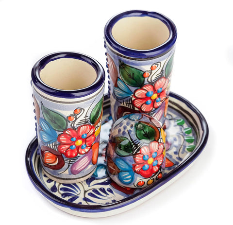 Talavera Tequila Shot Glasses with Tray & Salt Shaker (Set of 2) - Hand-Painted Authentic Mexican Gift Set (Puebla)