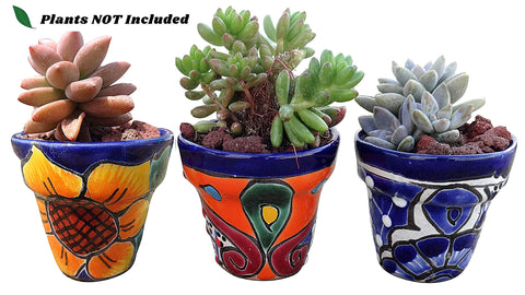 Talavera Hand-Painted Pottery Planters - Set of 3 (Flowers 2.8") - MEXTEQUIL: MEXICRAFT IMPORTS LLC