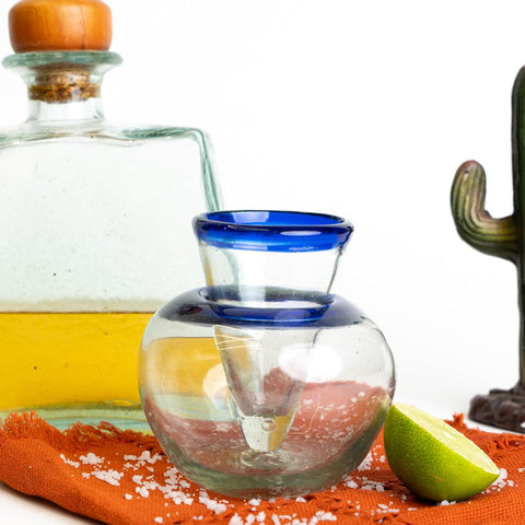 Self-Chilling Tequila Shot Glasses with Built-in Ice Bowl | Hand-Blown Mexican Glassware with Cobalt Blue Rim | 2 oz Lead-Free | Unique Bar Gift for Tequila & Mezcal Lovers