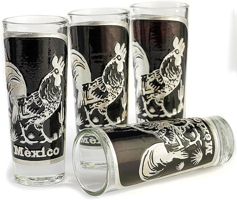 Handcrafted Mexican Rooster Repousse Shot Glass Set (4 pc) for Tequila & Mezcal