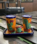 Talavera Set of 2 Shot Glasses, Salt & Tray - 2 Oz (Cactus) - MEXTEQUIL: MEXICRAFT IMPORTS LLC