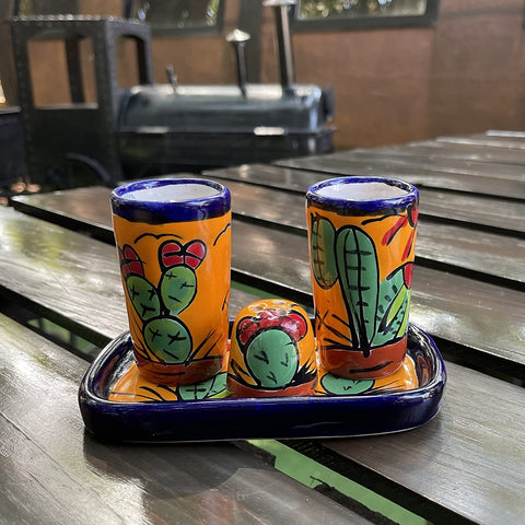 Talavera Set of 2 Shot Glasses, Salt & Tray - 2 Oz (Cactus) - MEXTEQUIL: MEXICRAFT IMPORTS LLC