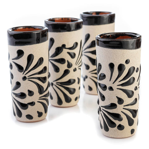 Handcrafted Ceramic Shot Glasses, White Floral Pattern, Terracotta Interior, Set of 4, Traditional Mexican Design (White Floral Pattern)