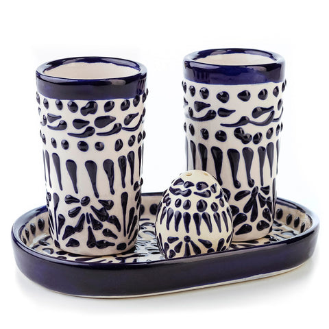 Talavera Tequila Shot Glasses with Tray & Salt Shaker (Set of 2) - Hand-Painted Authentic Mexican Gift Set (Puebla)