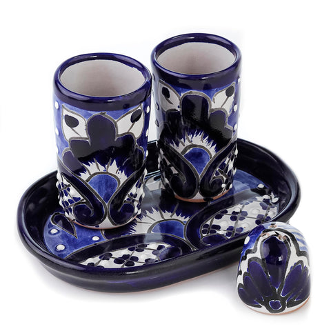 Talavera Tequila Shot Glasses with Tray & Salt Shaker (Set of 2) - Hand-Painted Authentic Mexican Gift Set (Puebla)