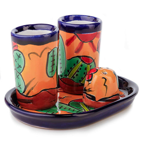Talavera Tequila Shot Glasses with Tray & Salt Shaker (Set of 2) - Hand-Painted Authentic Mexican Gift Set (Puebla)