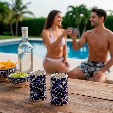 Talavera Mexican Hand-Painted Ceramic Shot Glasses Set of 4-2 Oz Brushstroke Design (Blue Brushstroke White Background)