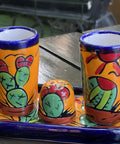 Talavera Set of 2 Shot Glasses, Salt & Tray - 2 Oz (Cactus) - MEXTEQUIL: MEXICRAFT IMPORTS LLC