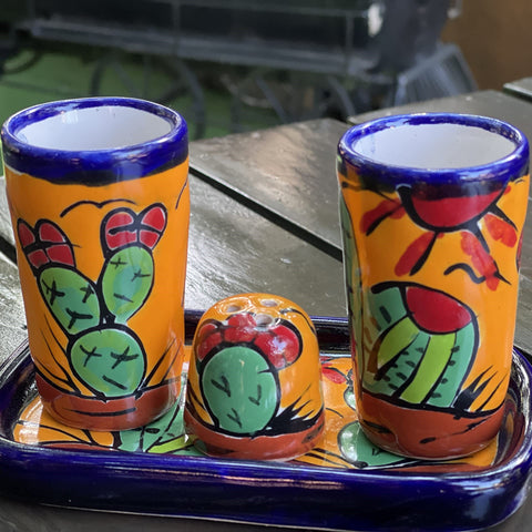 Talavera Set of 2 Shot Glasses, Salt & Tray - 2 Oz (Cactus) - MEXTEQUIL: MEXICRAFT IMPORTS LLC