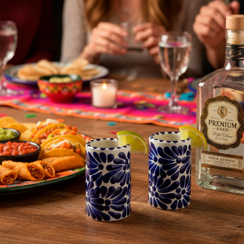 Talavera Mexican Hand-Painted Ceramic Shot Glasses Set of 4-2 Oz Brushstroke Design (Blue Brushstroke White Background)