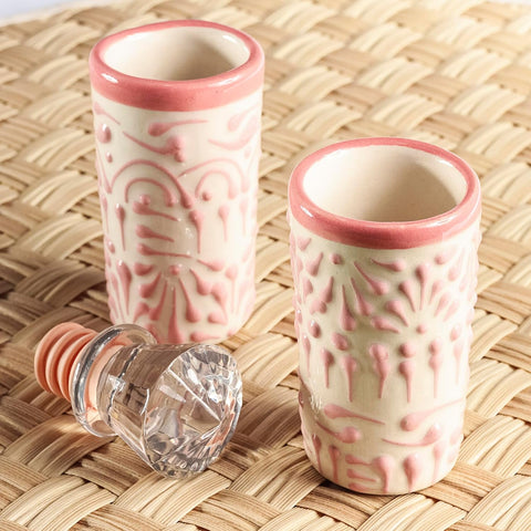 Authentic Hand-Painted Mexican Talavera Tequila Shot Glasses Set, Pink Lace