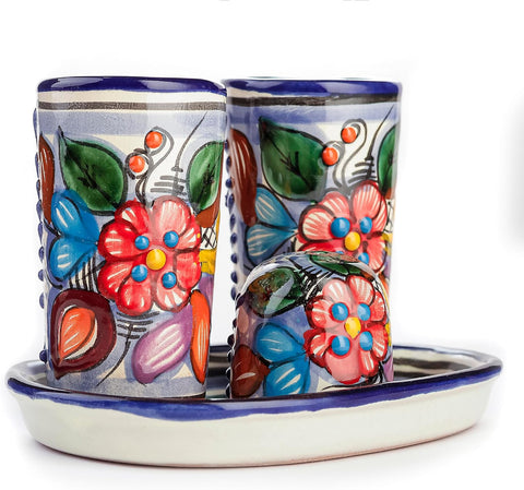 Talavera Tequila Shot Glasses with Tray & Salt Shaker (Set of 2) - Hand-Painted Authentic Mexican Gift Set (Puebla)
