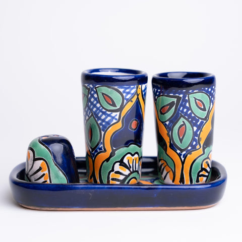 Talavera Tequila Shot Glasses with Tray & Salt Shaker (Set of 2) - Hand-Painted Authentic Mexican Gift Set (Puebla)